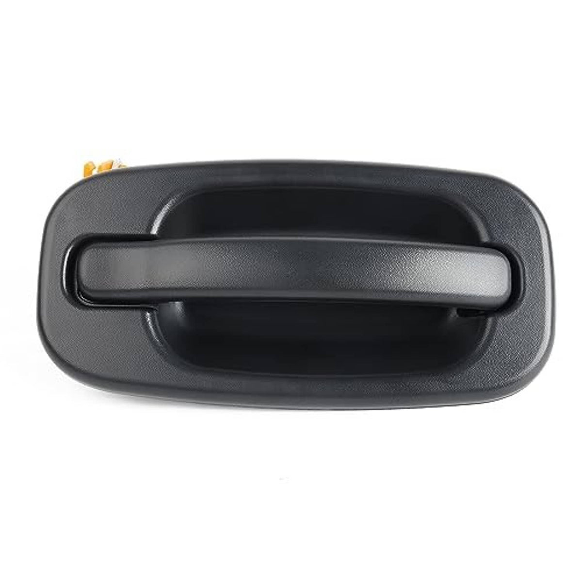Black exterior door handle with textured surround and smooth recessed pull, angled view