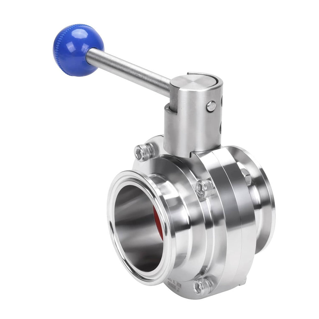 Stainless steel tri-clamp butterfly valve with blue pull lever and closed circular disc