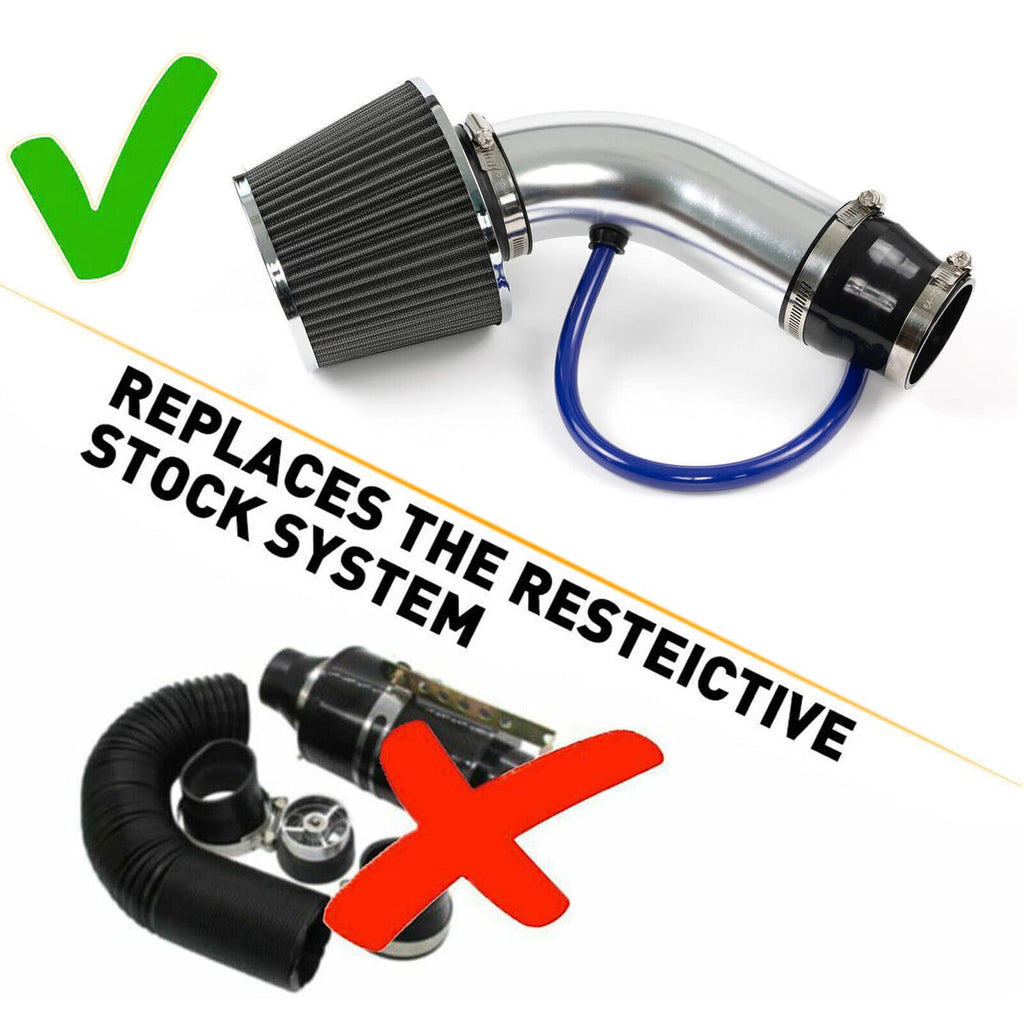 Cold air intake kit components with cone air filter, aluminum pipe, and blue silicone hose