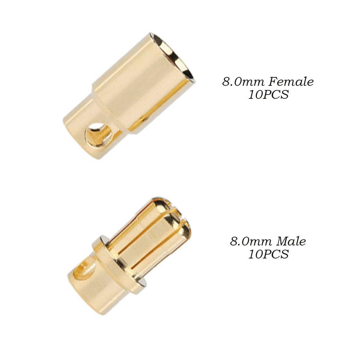 Gold-plated 8mm male and female banana plug connectors, two-piece view