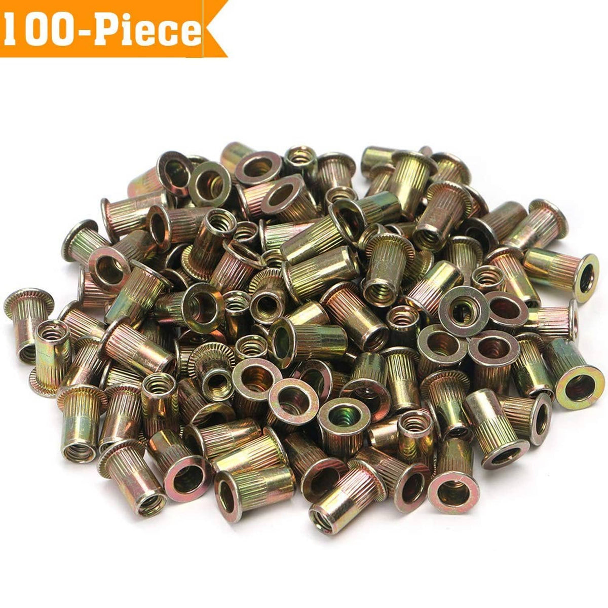 Threaded gold rivet nuts, 3/8-16 inserts, 100-piece set shown in bulk