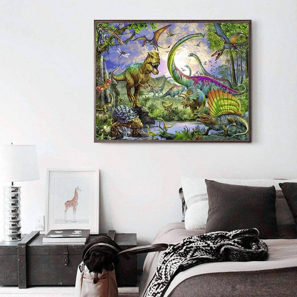 Framed diamond art painting showing a colorful dinosaur landscape with dragon-like creatures.