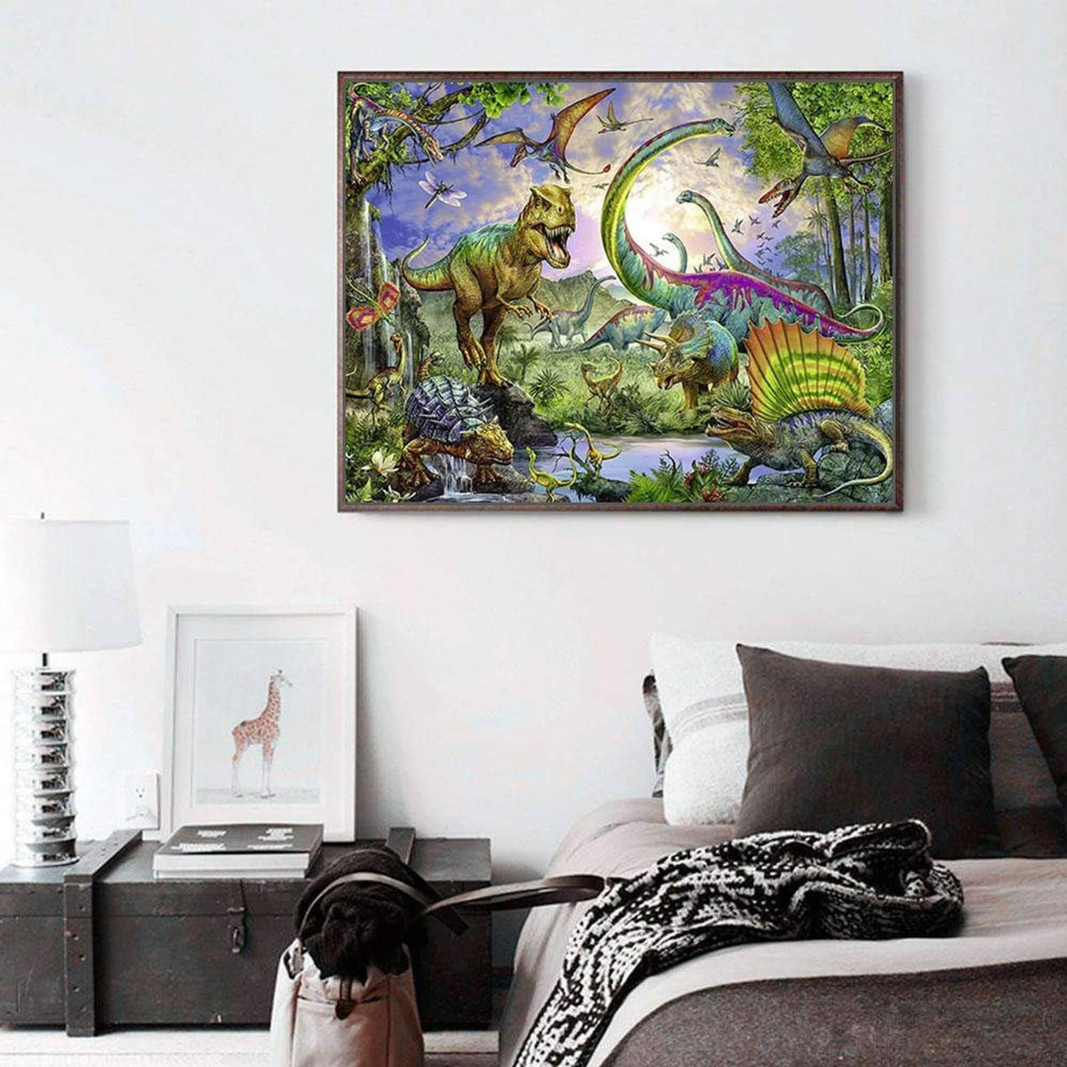 Framed diamond art painting showing a colorful dinosaur landscape with dragon-like creatures.