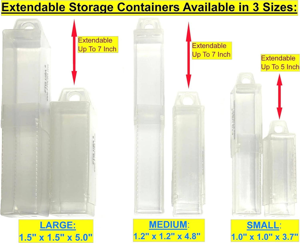 Extendable translucent storage containers in large, medium, and small sizes