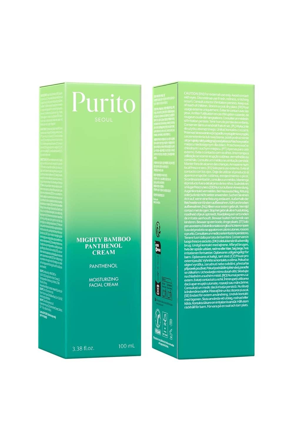 Facial cream box with green packaging, front and back panels in one view