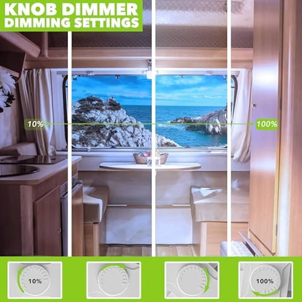 Double dome LED ceiling light fixture with dimmer knob showing lighting intensity settings