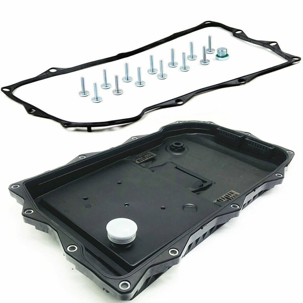 Automatic transmission oil pan and filter kit with gasket and bolts, dark housing and hardware