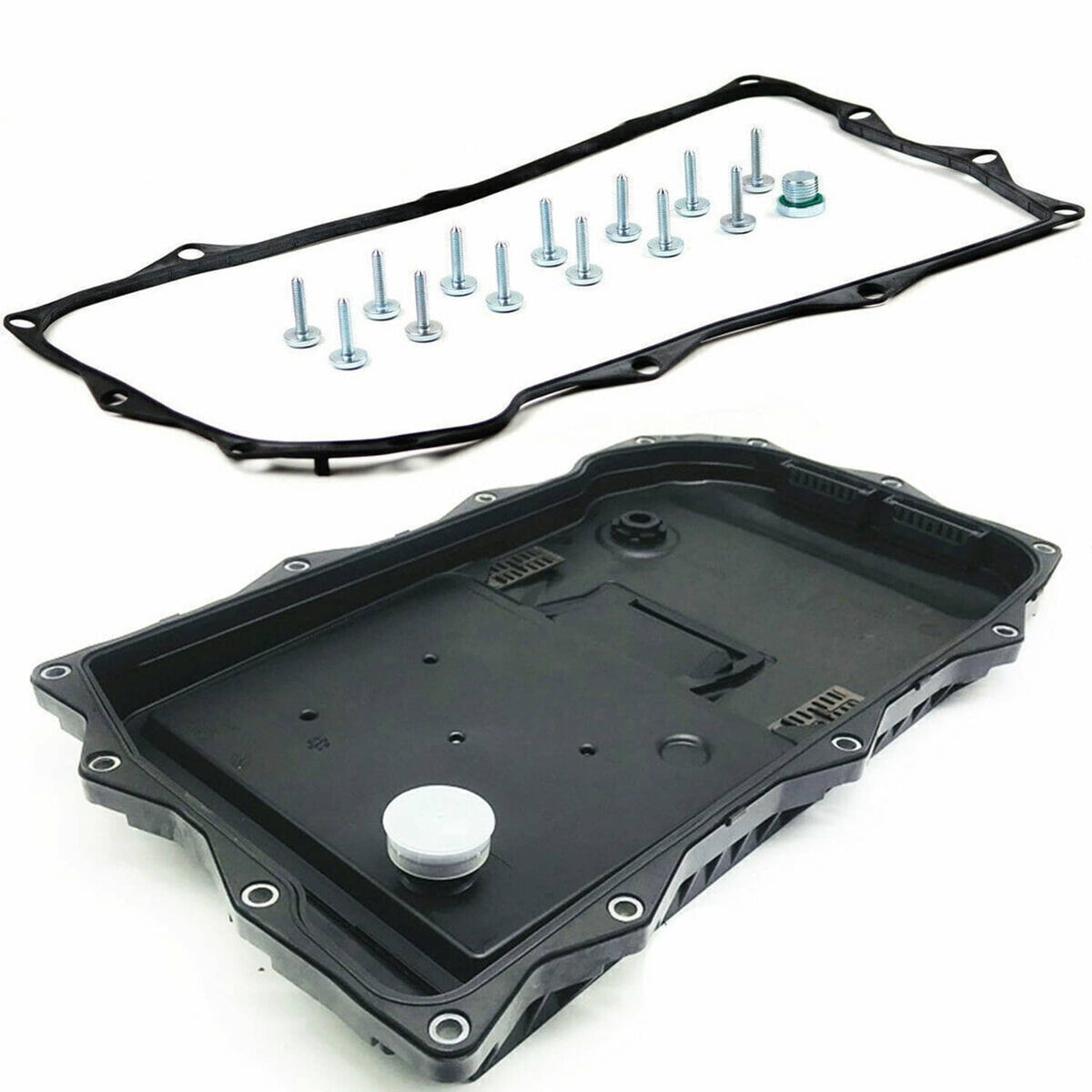 Automatic transmission oil pan and filter kit with gasket and bolts, dark housing and hardware