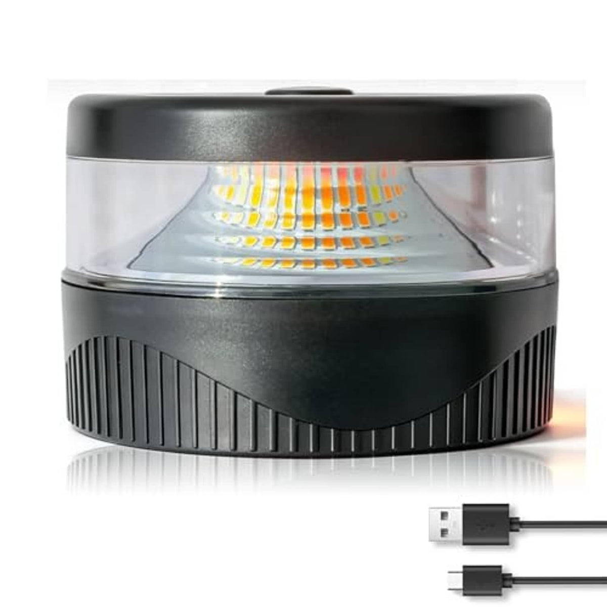 Black circular strobe beacon light with clear lens and USB-C charging cable