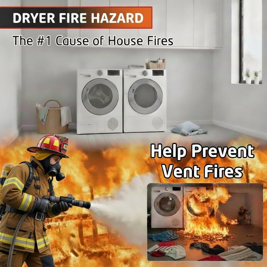 Dryer vent fire hazard image showing two white dryers and burning vent flames