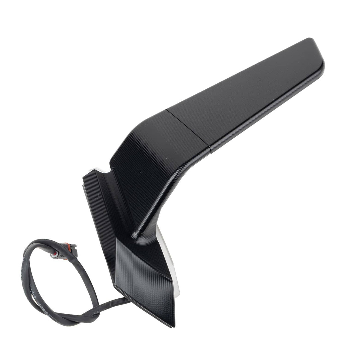 Motorcycle wing mirror with dark tinted lens, black housing, and attached cable