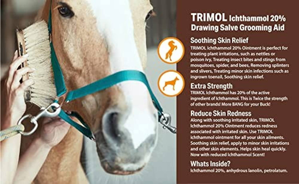 TRIMOL grooming aid info panel beside a horse head and halter