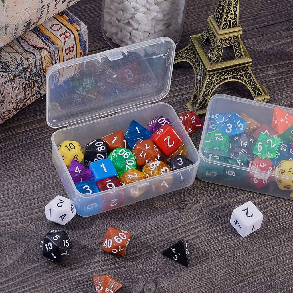 Clear plastic bead storage organizer filled with colorful number dice beads