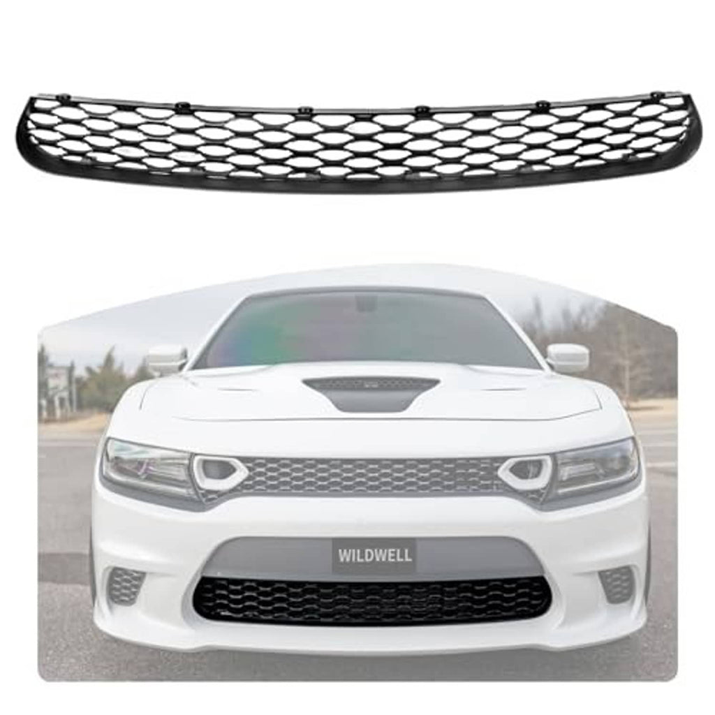 Front lower bumper grille with black frame and chrome-like honeycomb mesh