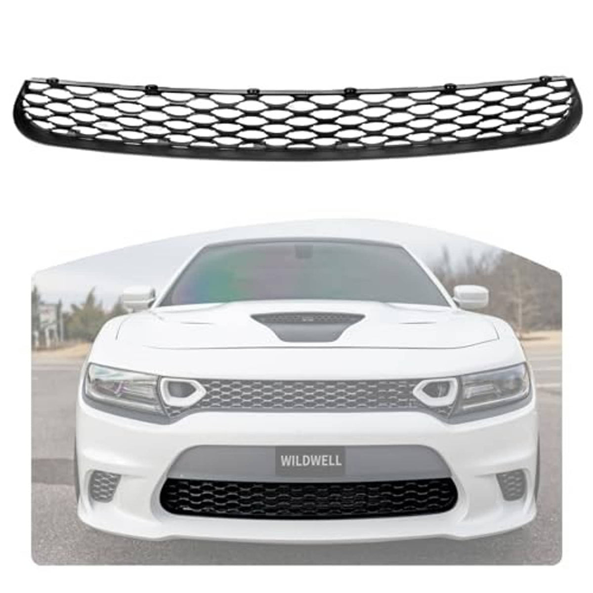 Front lower bumper grille with black frame and chrome-like honeycomb mesh