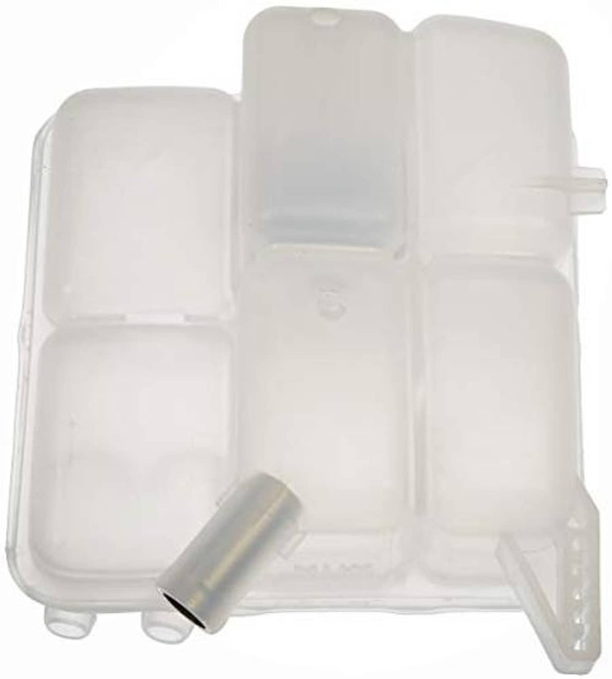 Translucent coolant reservoir housing with front port and angled side outlet tube