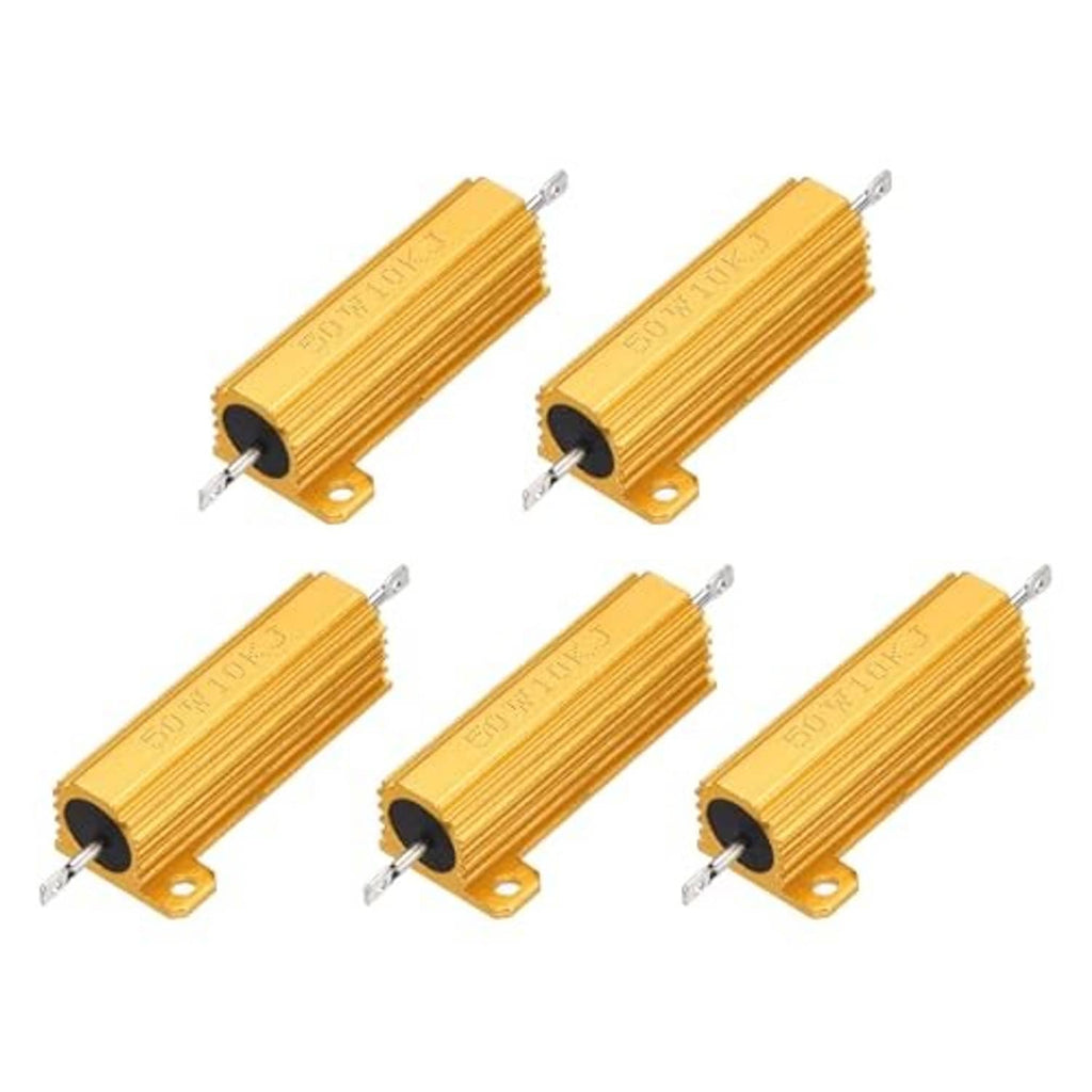 Set of gold wirewound power resistors with aluminum housings and lead terminals
