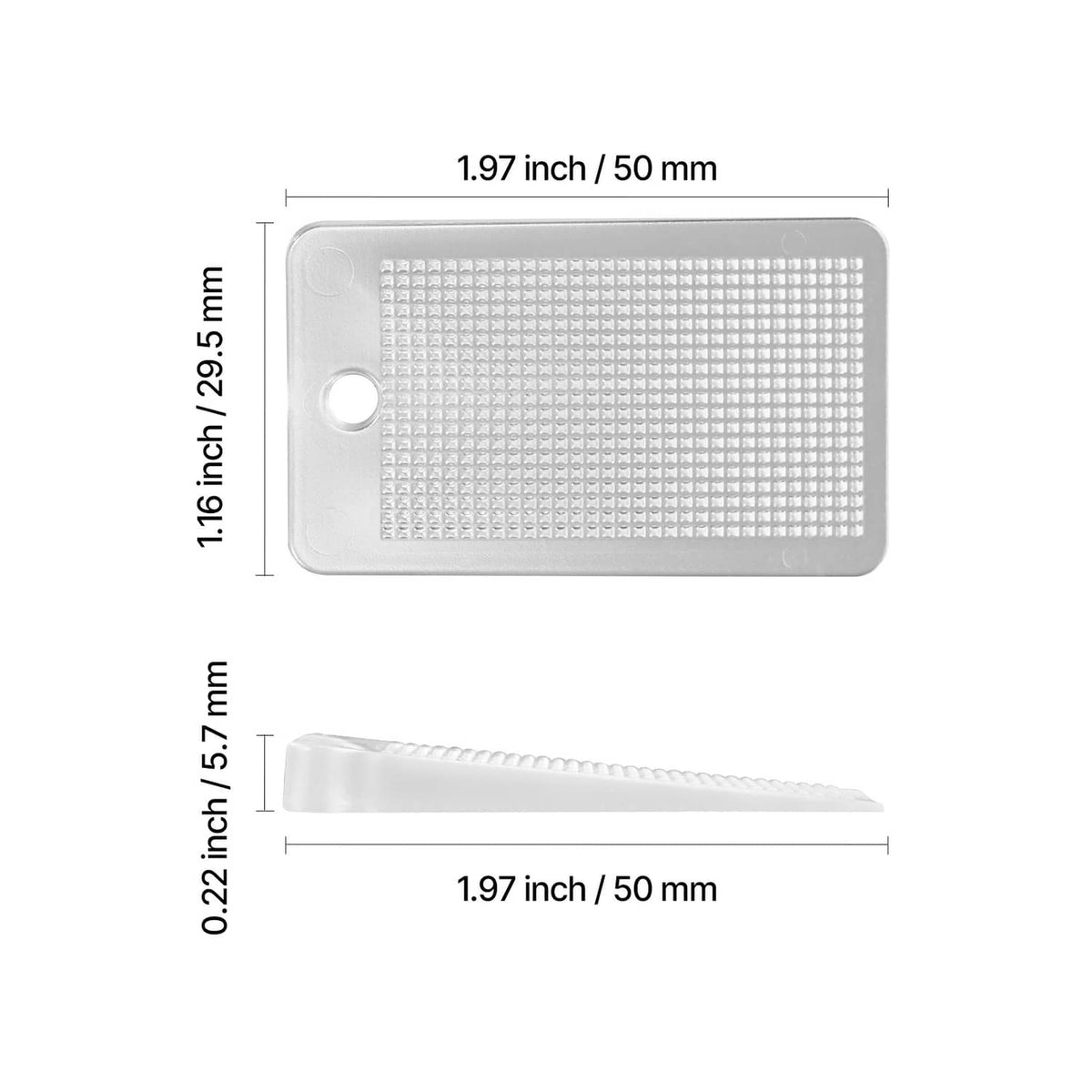 Transparent leveling shim with textured grid top and thin profile, 50 mm length.
