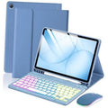 Blue folio tablet case with built-in stand, keyboard, and wireless mouse accessory