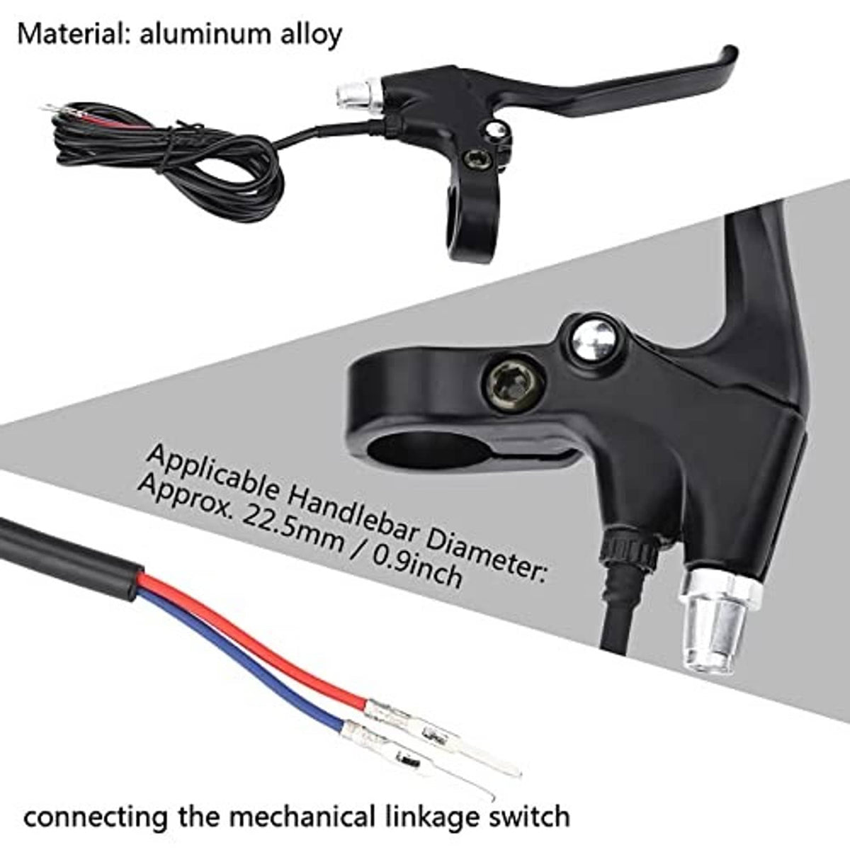 Black aluminum bicycle brake lever with coiled cable and handlebar clamp