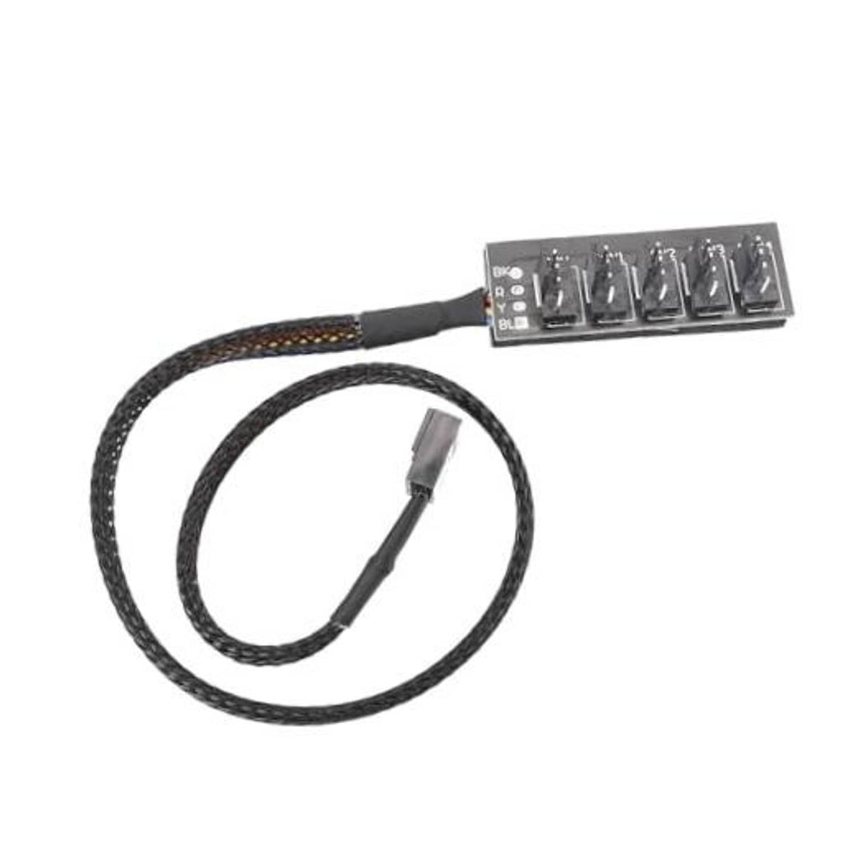 4-pin PWM PC fan hub splitter cable with black braided leads and controller board