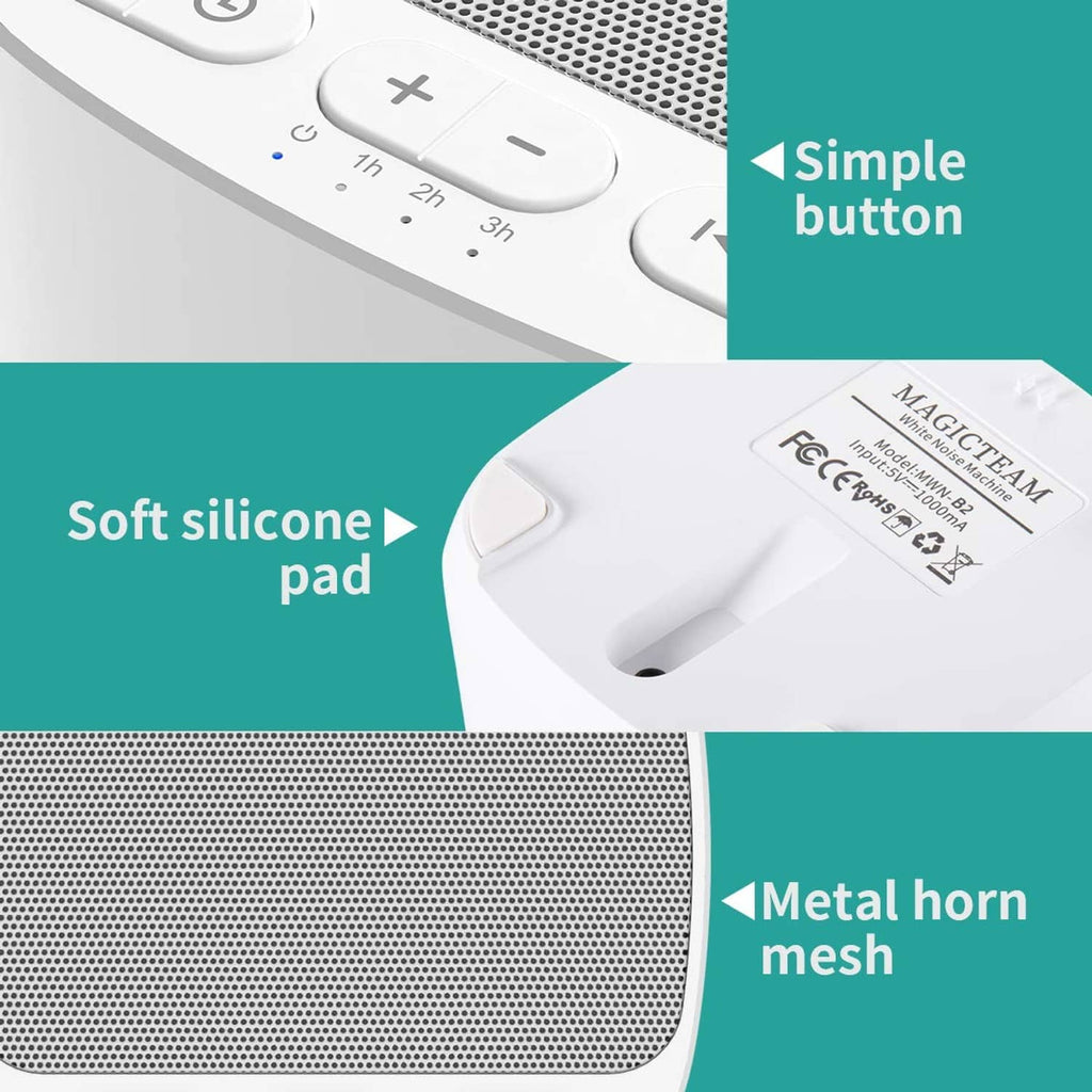 Close-up of white sound machine control buttons and top mesh speaker grille