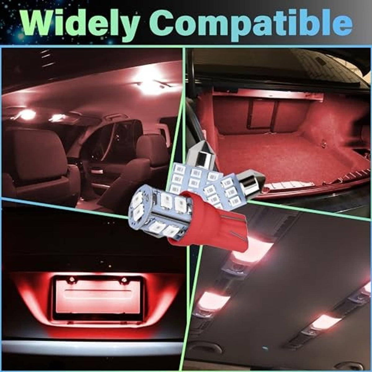 T10 LED dome bulbs shown in car interior overhead lights, red base with white LEDs