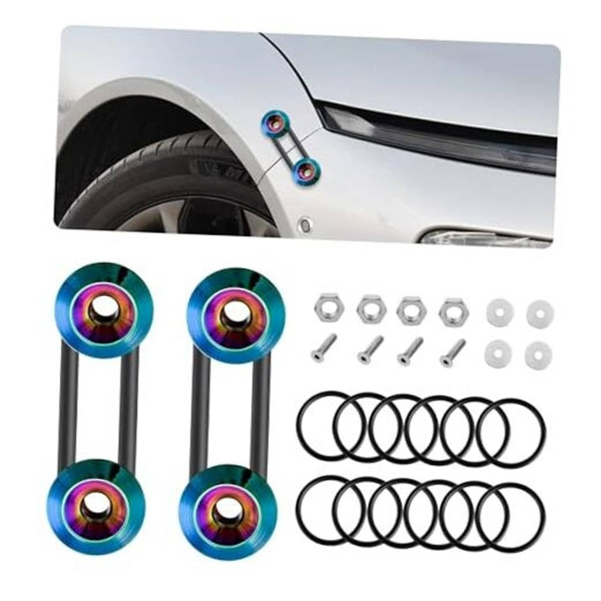 Bumper quick-release fastener kit with rainbow washers, bolts, nuts, and rubber rings