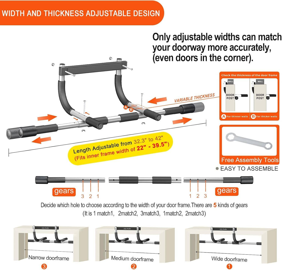 Adjustable doorway pull up bar with foam grip bars and width-changing mounting brackets