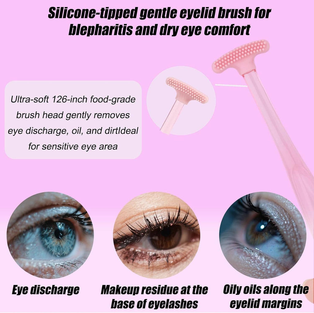 Pink silicone-tipped eyelid cleansing brush with textured margin bristles