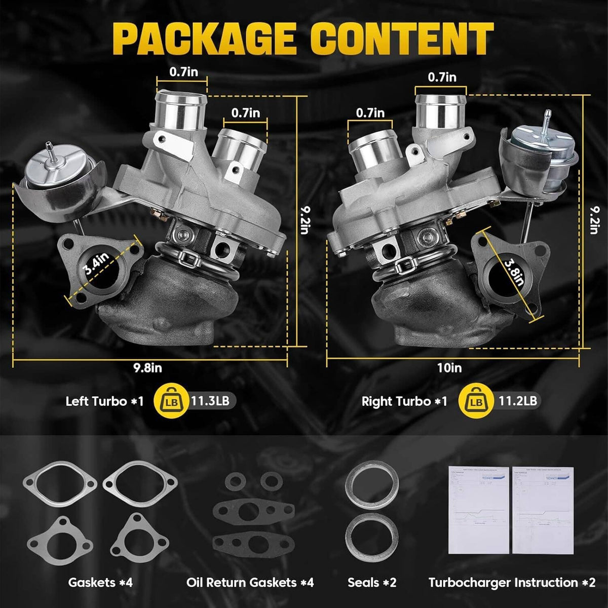Turbocharger kit contents: left and right turbos plus gaskets, seals, and instructions
