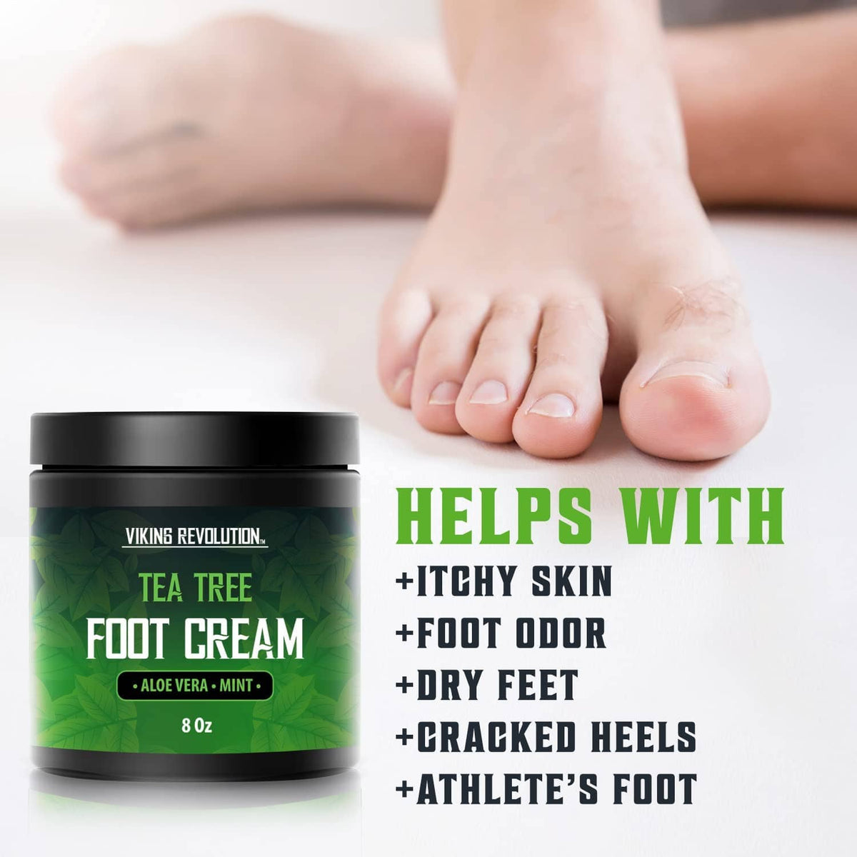 Tea tree foot cream jar with cracked-heel benefit text; foot and toes shown