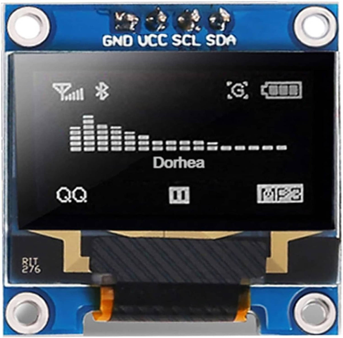 OLED SSD1306 module close-up front view, blue PCB with black 128x64 screen.