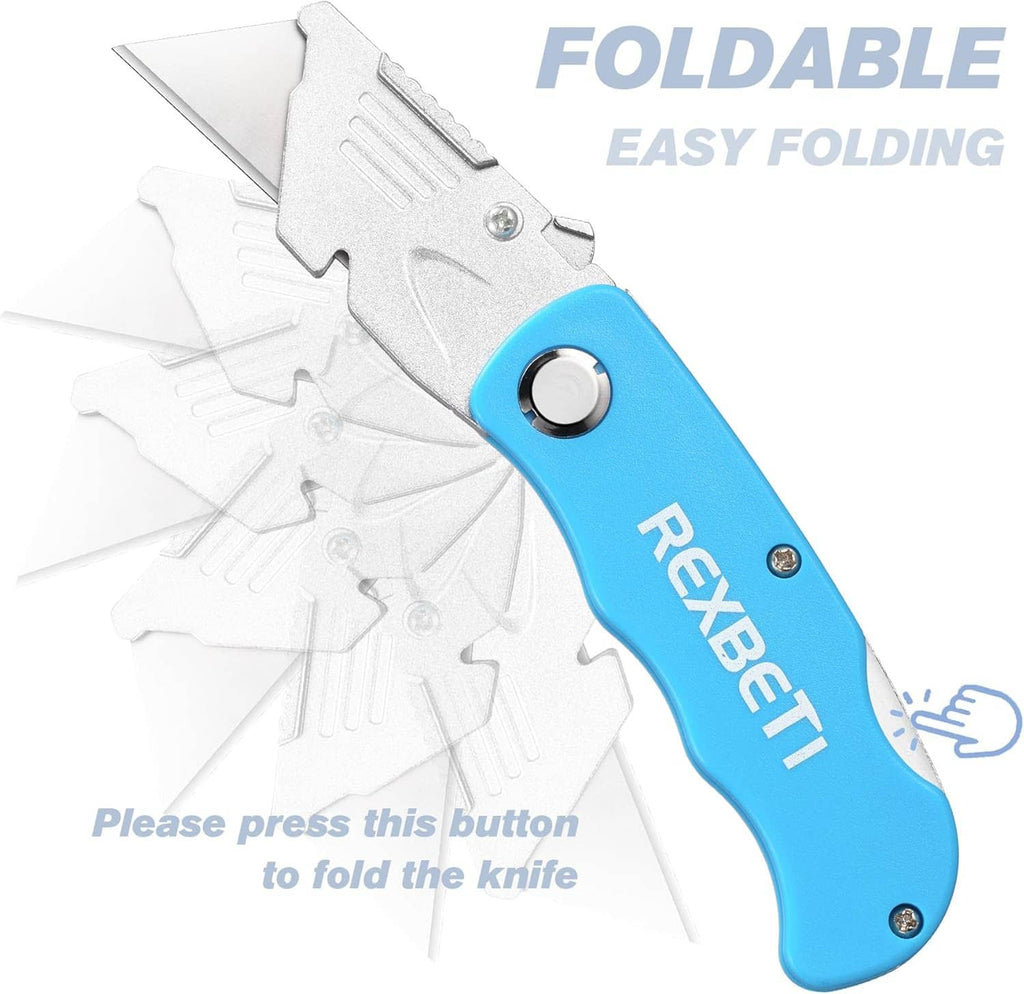 Blue folding pocket utility knife with blade unfolded and push-button area
