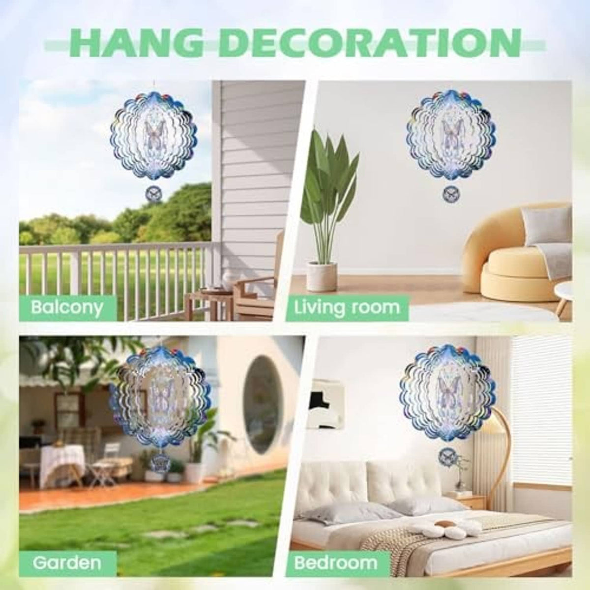 Butterfly hanging wind spinner decor showing blue 3D circular design for outdoor use
