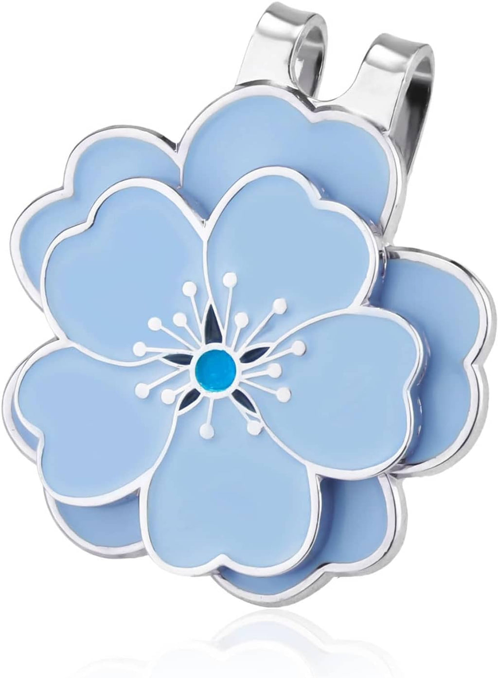Blue flower-shaped magnetic golf ball marker with silver clip, front view