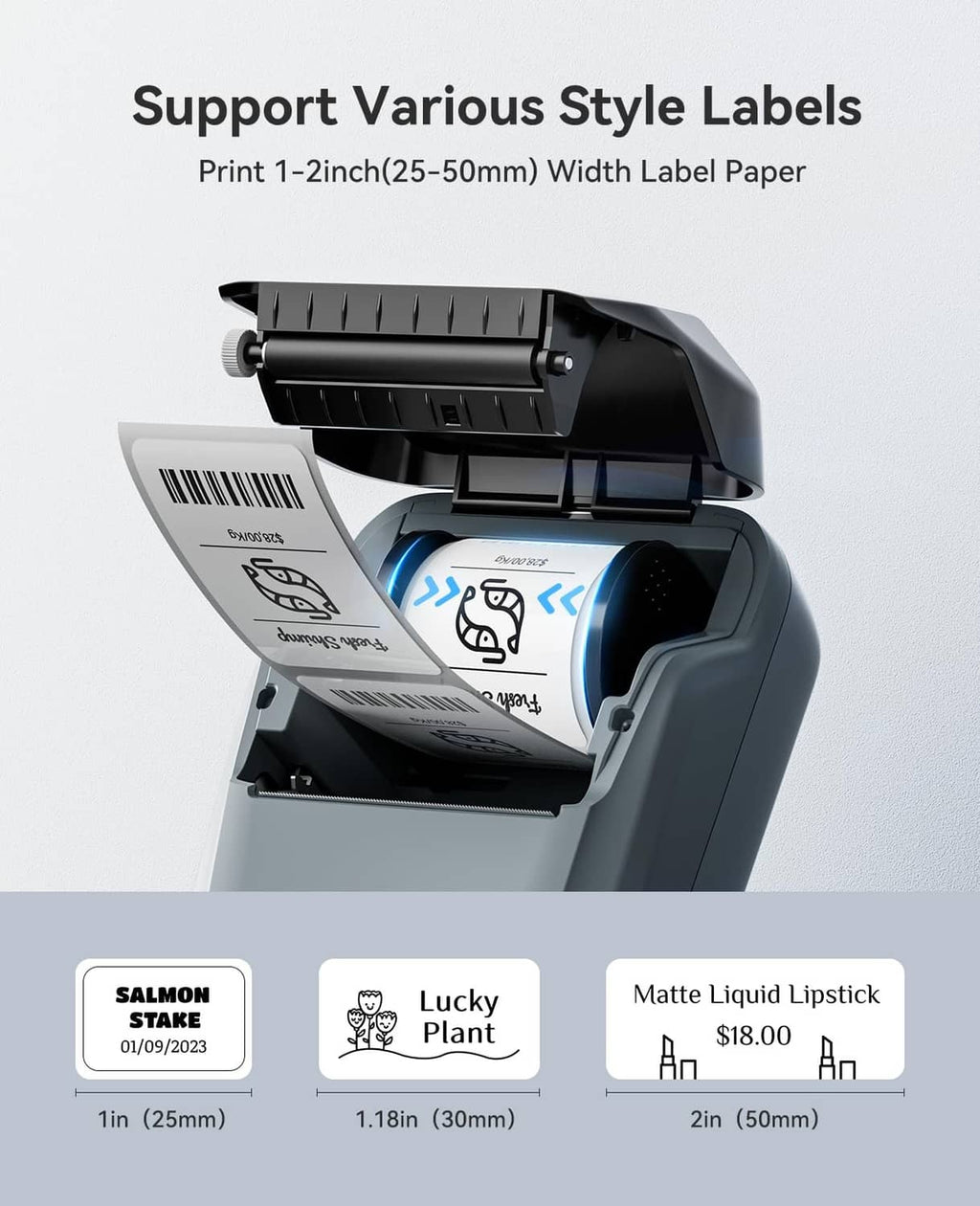 Label printer with open feed tray and roll label paper