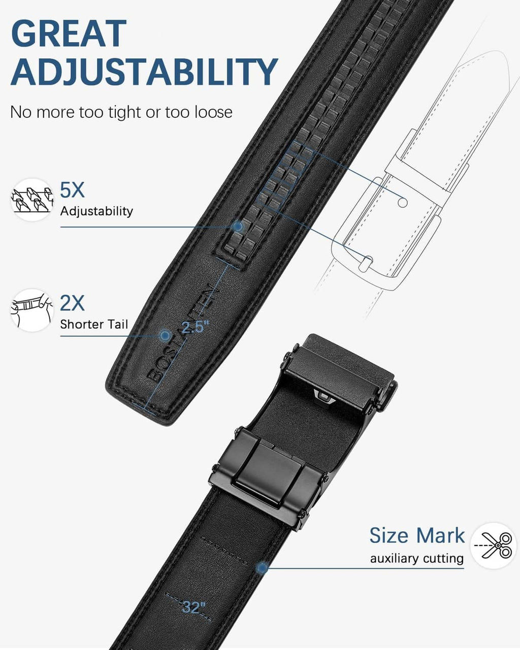 Black adjustable ratchet belt with sliding buckle and marked adjustment length
