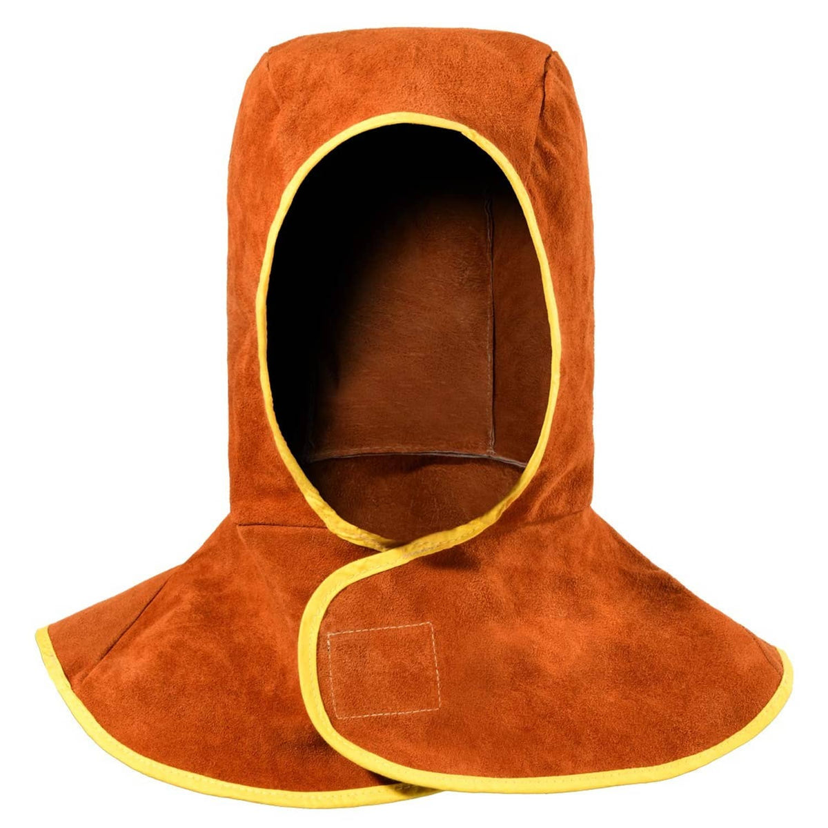 Orange leather welding hood with yellow-edged face opening and brown interior