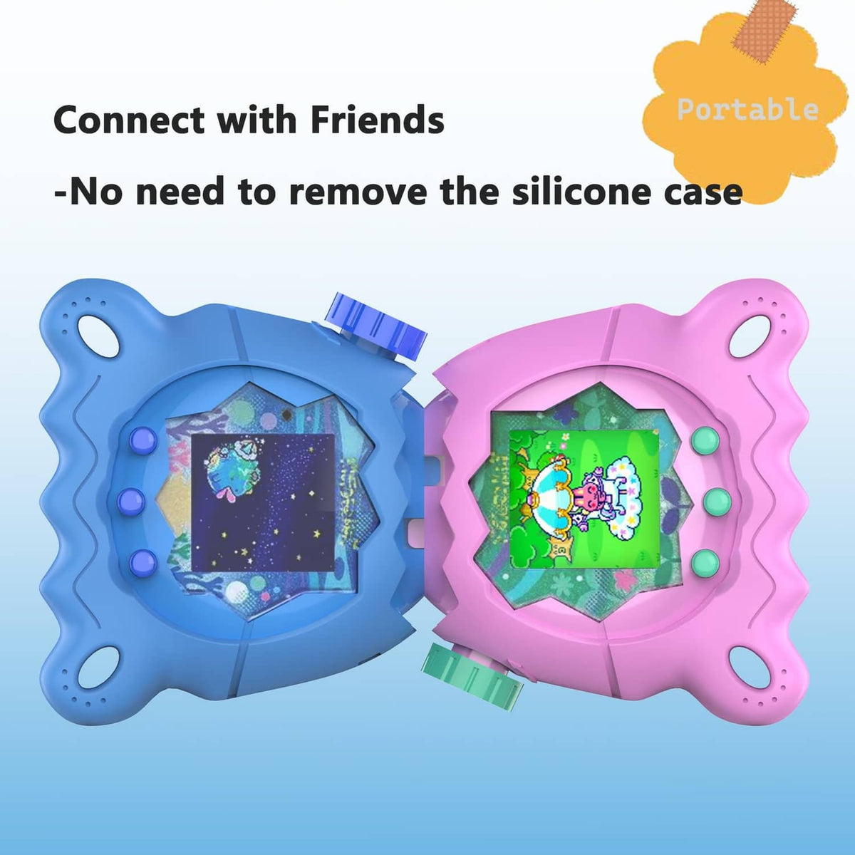 Blue and pink silicone cases for handheld toy with screen windows