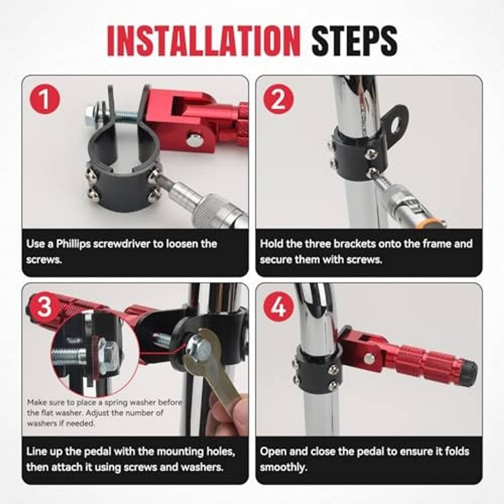 Motorcycle foot peg installation steps showing bracket and silver pedal linkage