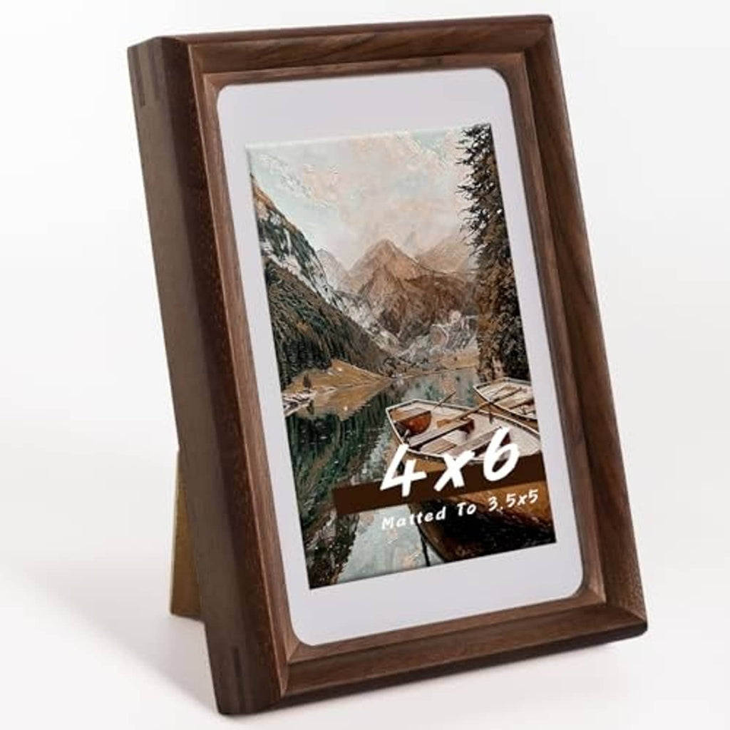 Walnut 4x6 photo frame with real glass and white mat, standing front view.