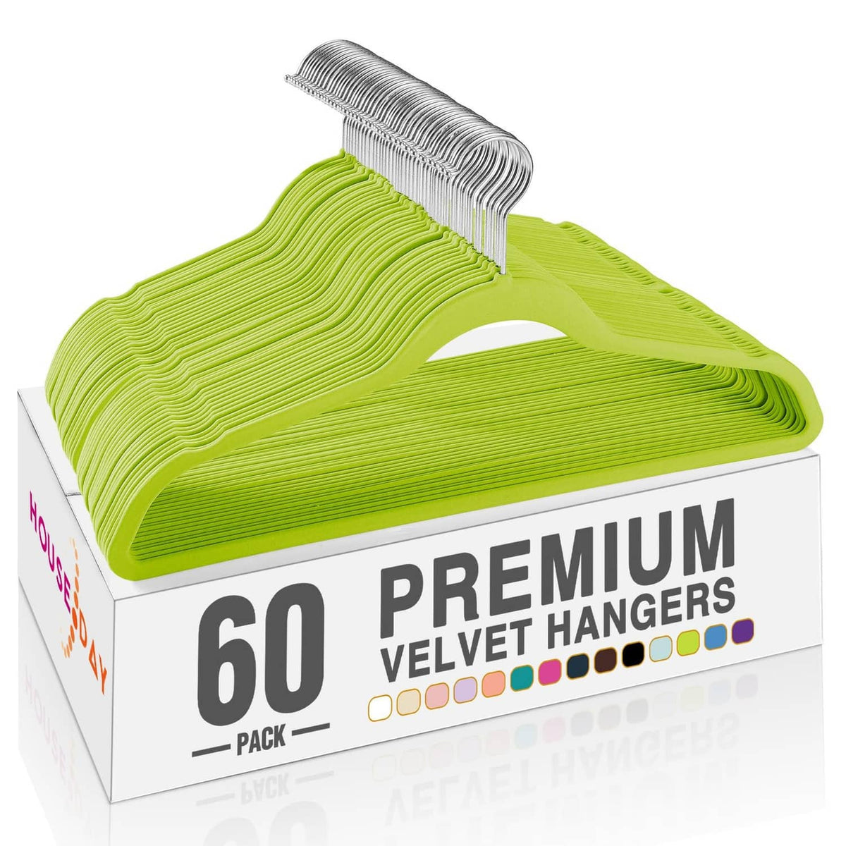 Set of 60 vibrant green velvet hangers with metal hooks, stacked in a box