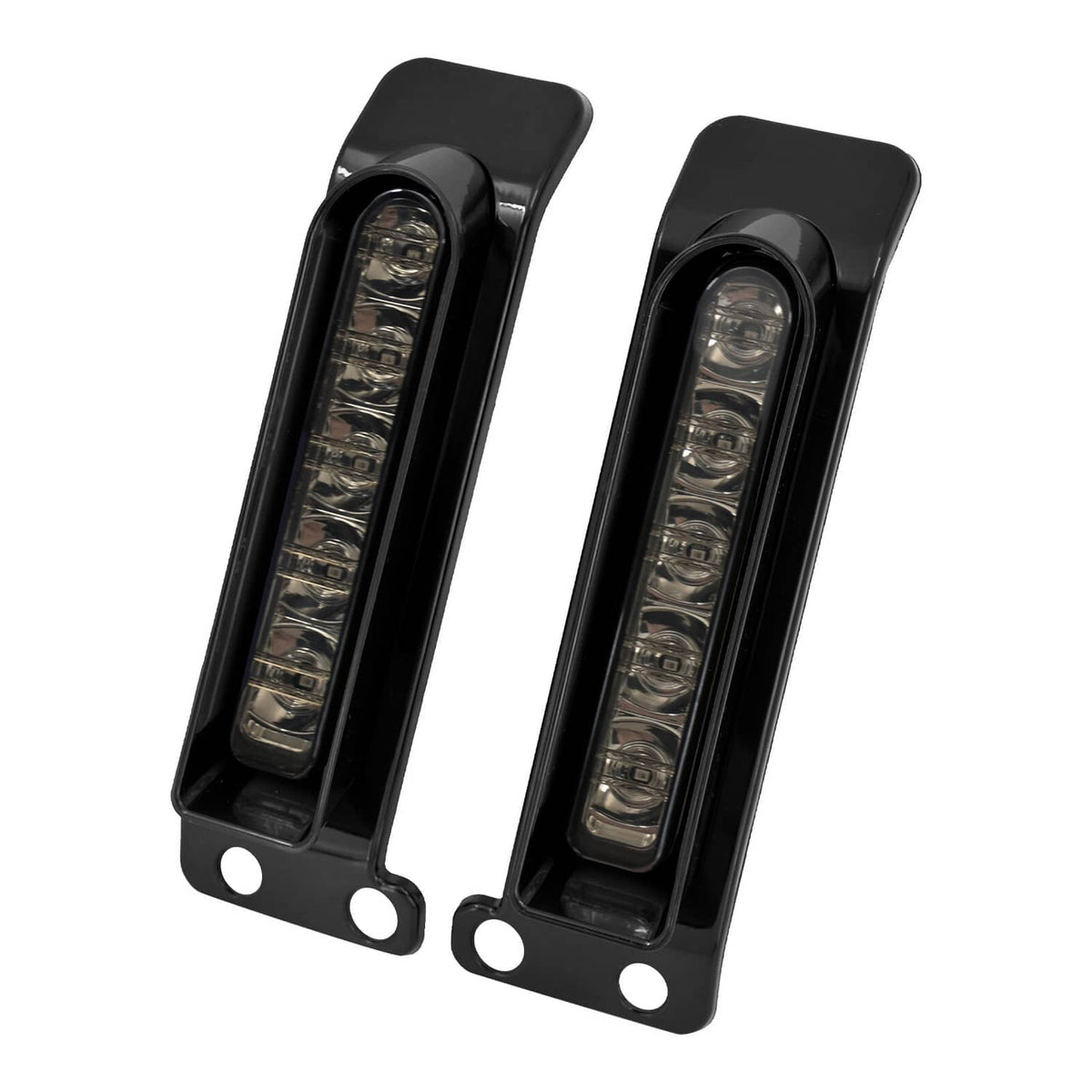 LED light bars in black housings with clear lenses and round mounting tabs (pair).