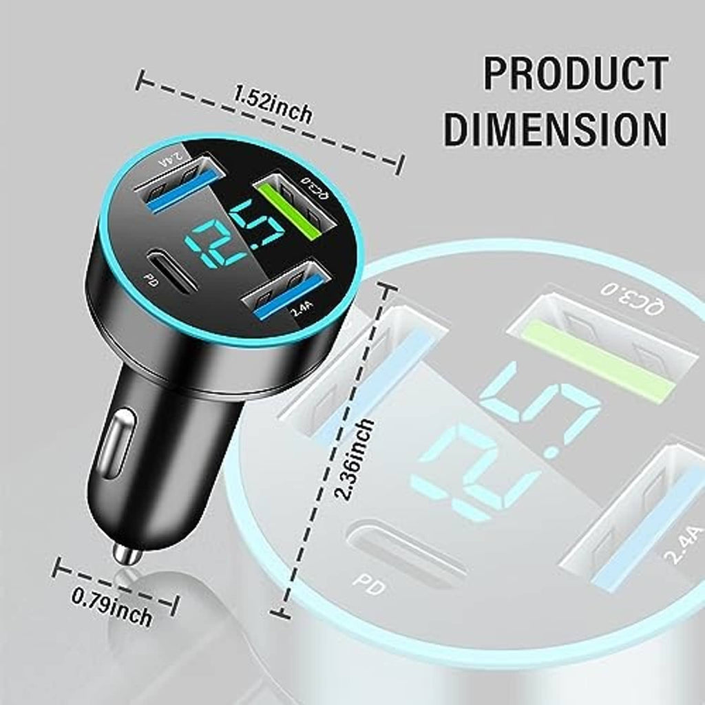 Car charger with LED display and visible dimensions, multi-port design