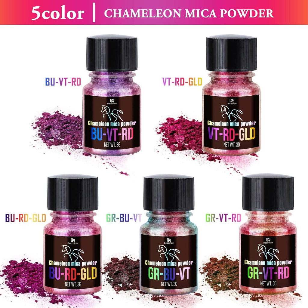 Five color-shifting mica pigment powder bottles with scattered shimmering powder