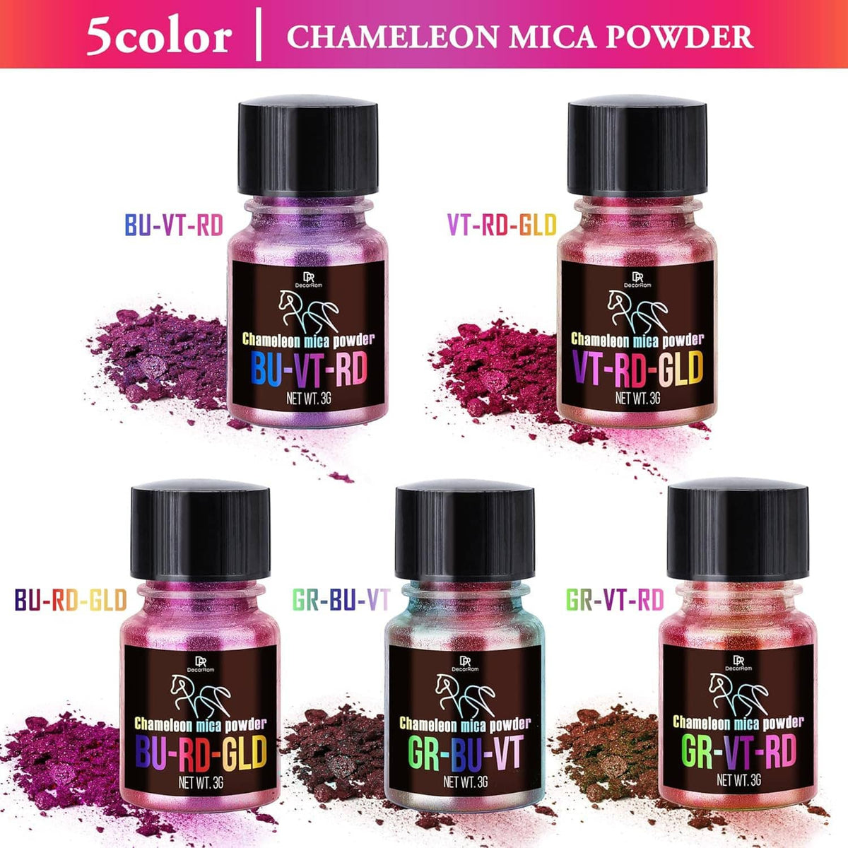 Five color-shifting mica pigment powder bottles with scattered shimmering powder