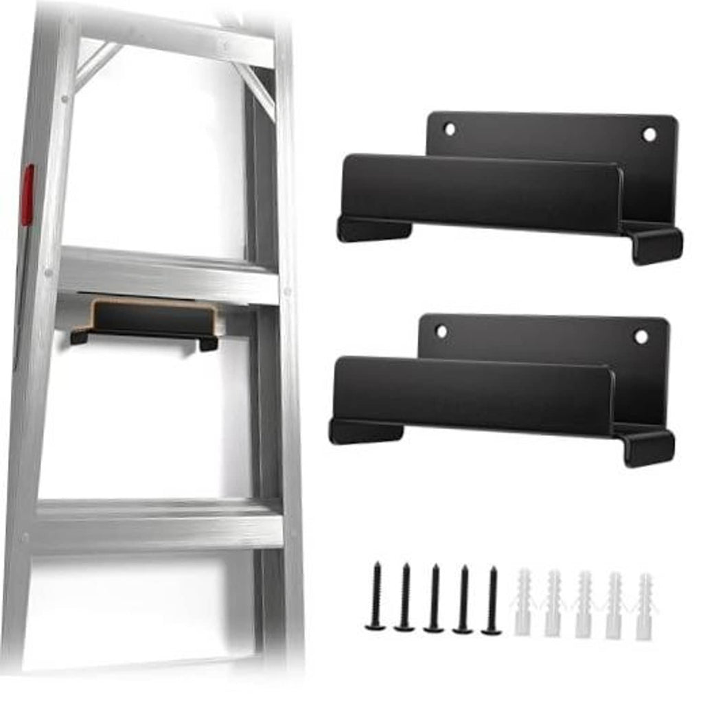 Black metal wall ladder hooks with mounting holes and screws, heavy-duty set