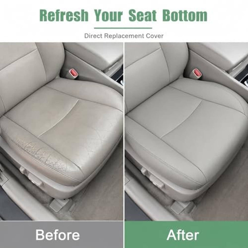 Gray seat bottom replacement covers showing before-and-after upholstery fit