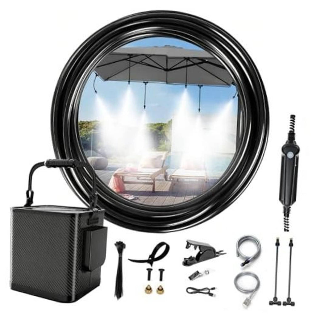 Portable misting cooling system kit with black water bucket, coiled 10m hose, nozzles